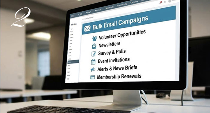 Computer monitor showing the benefits of the Infinity Bulk email module.