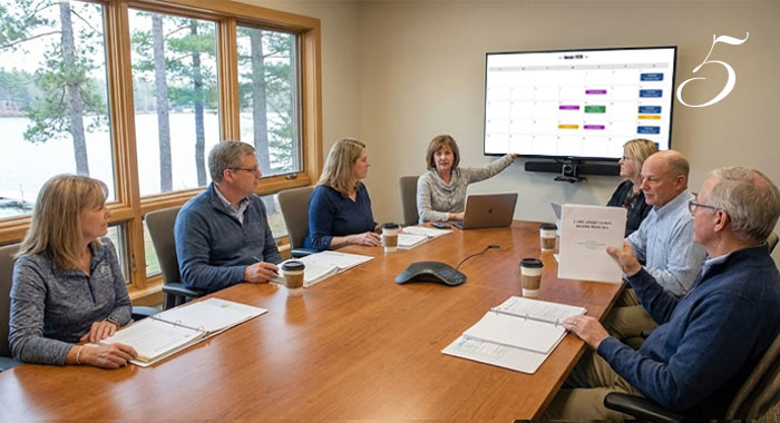 Group of people sitting around a table looking at a Infinity event calendar on wall monitor.