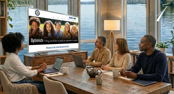 Group of people sitting around a table looking at Optimist website on monitor.